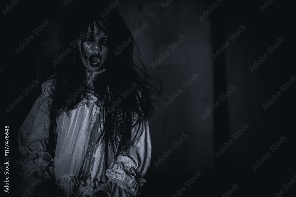 The Vengeful Spirit of a Young Girl Haunts an Abandoned House, A Chilling Scene of Horror and Supernatural Terror in an Eerie Thriller,Halloween festival concept The Vengeful Spirit of a Young Girl Haunts an Abandoned House, A Chilling Scene of Horror and Supernatural Terror in an Eerie Thriller,Halloween festival concept