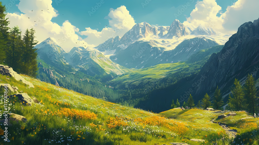 Fototapeta premium Alpine foothills: a splendid mountain landscape in the summer. Foothill. Illustration
