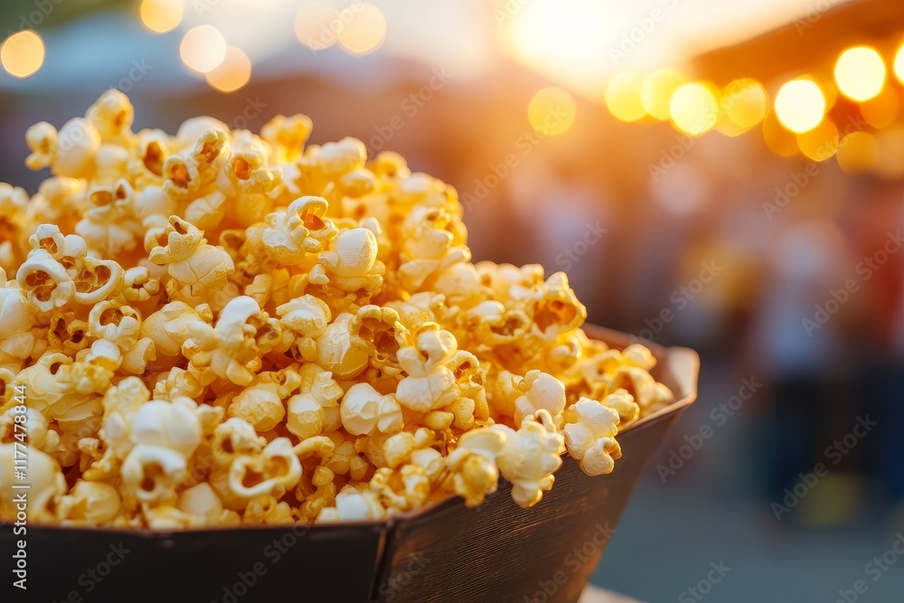 Freshly popped popcorn in a bowl at a vibrant outdoor event during sunset Freshly popped popcorn in a bowl at a vibrant outdoor event during sunset
