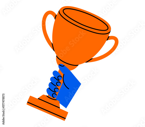 Hand drawn cute cartoon illustration of hand holding award cup. Flat vector competition or contest winner in colored doodle style. Goblet trophy in arm sticker, icon. First place reward. Isolated.