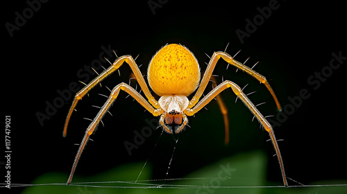 Golden orb weaver spider on web, macro shot, black background, nature photography, ideal for science or nature publications. photo