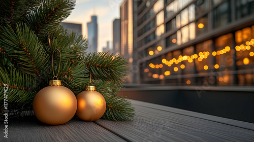 Golden ornaments on urban rooftop at sunset; festive city backdrop; holiday card design. photo