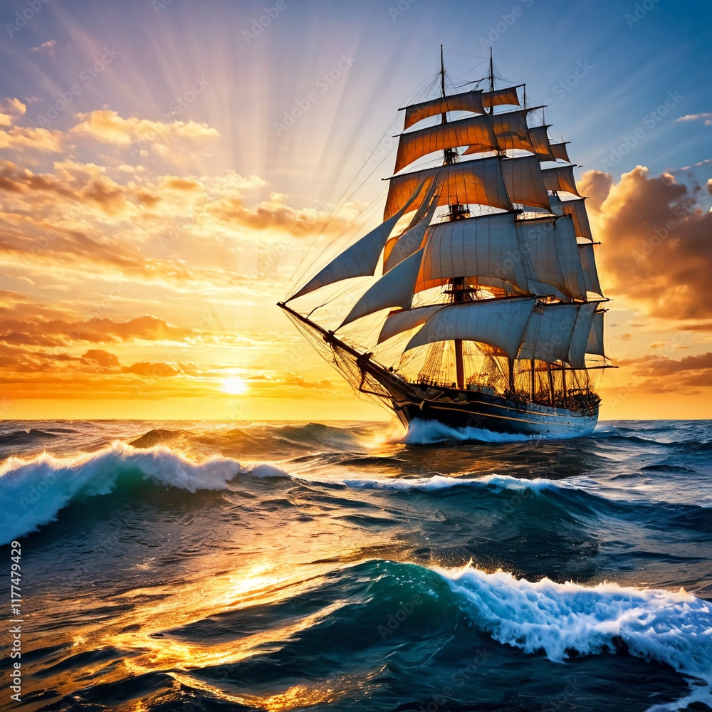 Fototapeta premium Segelschiff bei Sonnenuntergang 5