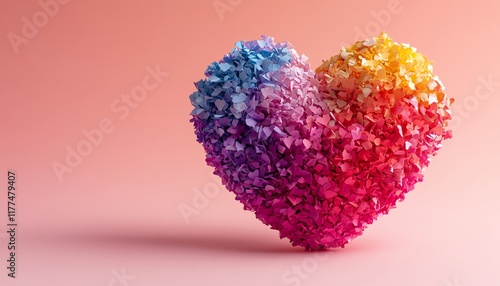 A vibrant, colorful heart shape made from DIY craft materials on a soft pink background, symbolizing love and creativity, highresolution, bright lighting photo