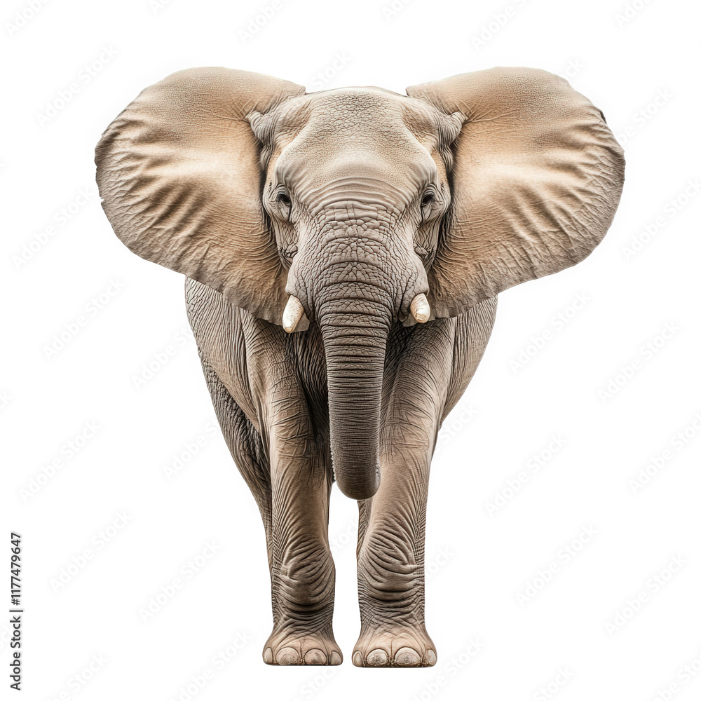 Obraz premium a realistic depiction of an elephant standing upright. showcasing its large ears. trunk. and tusks against a plain white background the majestic features of the elephant. highlighting its size and uni