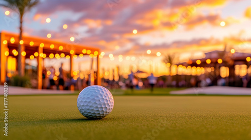 Golf ball on putting green at sunset, festive outdoor party in background; ideal for leisure, travel, or sports websites.