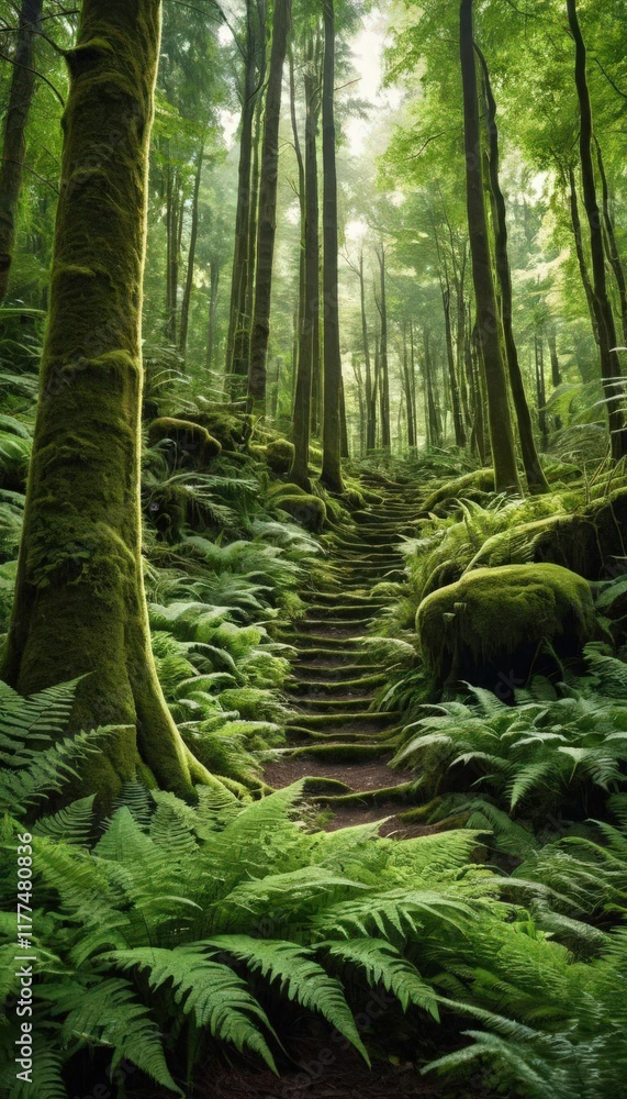 Lush green forest path surrounded by tall trees and ferns. Lush green forest path surrounded by tall trees and ferns.