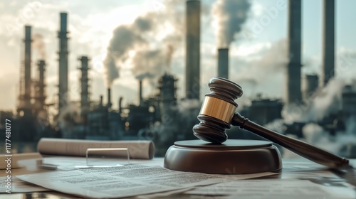 A gavel rests on a table with industrial smokestacks in the background, symbolizing the intersection of law and environmental issues. photo