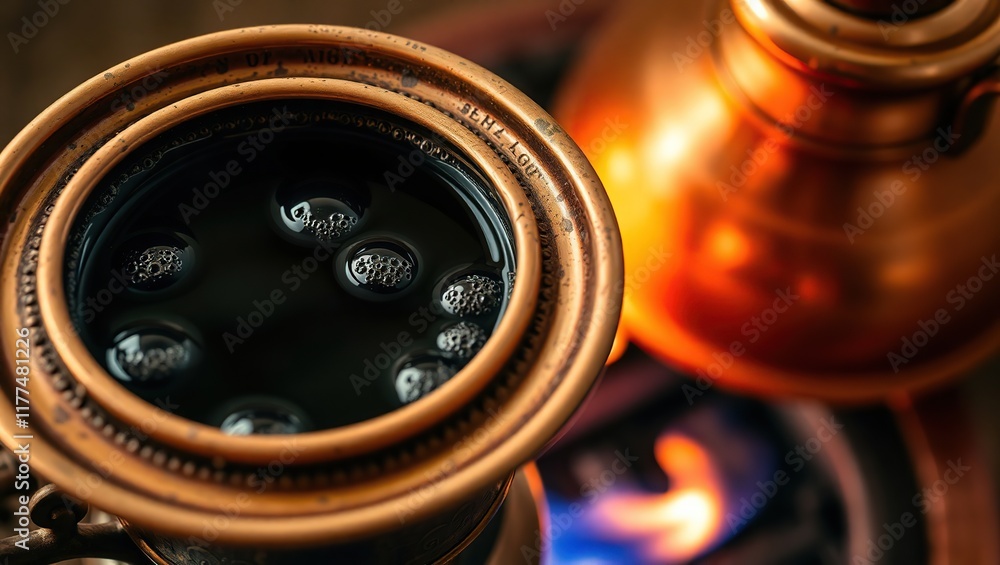 Copper Pot Brewing Dark Coffee Over Flames Copper Pot Brewing Dark Coffee Over Flames