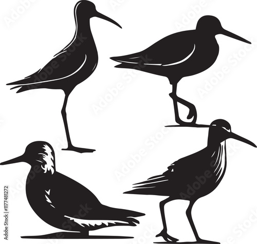 set of willet sitting poses,black and white swillet illustration, swillet silhouette vector