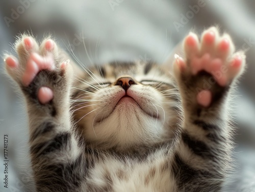 Adorable Kitten Stretching Paws. A close-up of a cute tabby kitten lying on its back, stretching its pink paws and enjoying a moment of pure relaxation. Perfect for pet lovers and animal-themed design photo