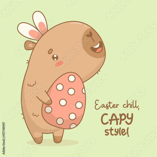 Cute Easter Capybara in bunny ears with paschal egg. Happy cartoon kawaii character animal. Vector illustration. Holiday cool card with congratulation. Kids collection