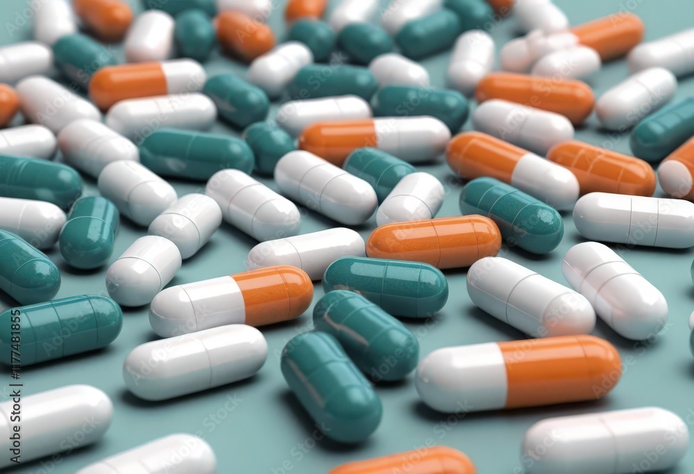 Capsules in various colors scattered on a surface. Capsules in various colors scattered on a surface.