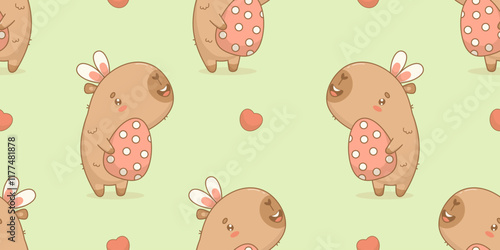 Easter Seamless pattern. Funny cute capybara in bunny ears with paschal egg on green background with heart. Holiday cartoon kawaii animal character. Horizontal Vector illustration. Kids collection