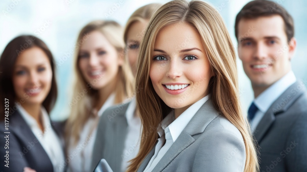 Professional businesswoman smiling in modern office setting with colleagues in background, showcasing digital tablet, light gray attire and bright corporate environment. Professional businesswoman smiling in modern office setting with colleagues in background, showcasing digital tablet, light gray attire and bright corporate environment.