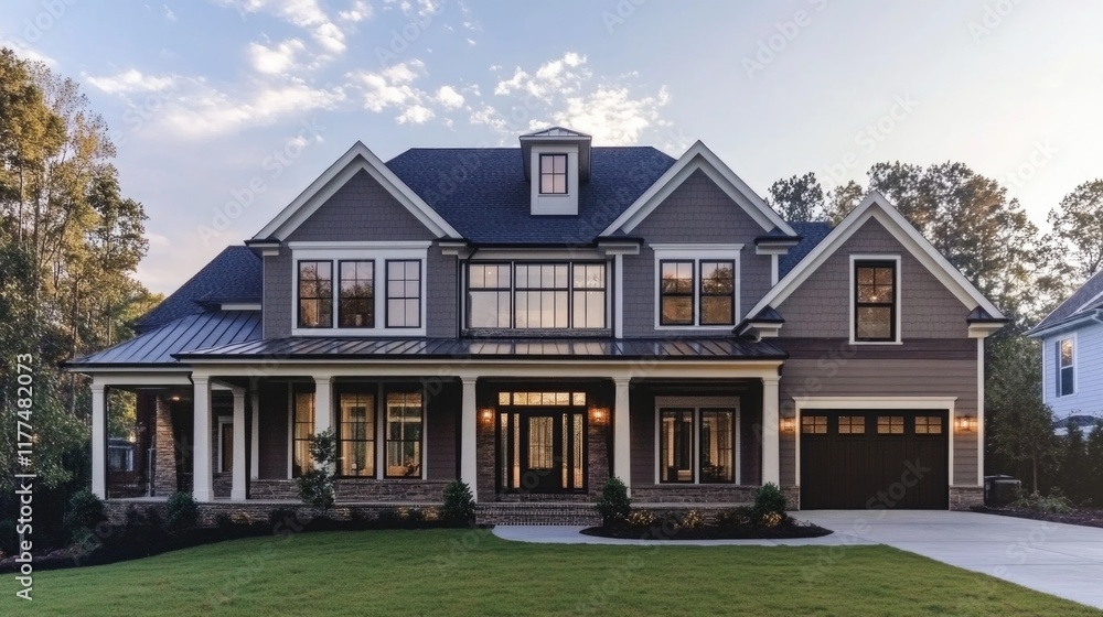 Modern Two-Story Gray House with Large Windows and Welcoming Front Porch Surrounded by Green Lawn and Trees in Bright Daylight Modern Two-Story Gray House with Large Windows and Welcoming Front Porch Surrounded by Green Lawn and Trees in Bright Daylight