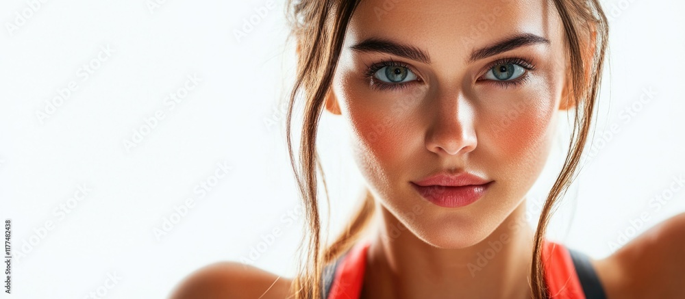 Sporty athletic woman with defined features and blue eyes wearing vibrant orange sportswear against a bright white background with ample copy space for branding Sporty athletic woman with defined features and blue eyes wearing vibrant orange sportswear against a bright white background with ample copy space for branding