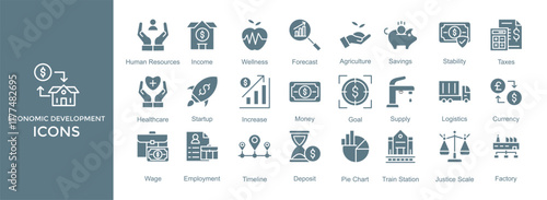 economic development icon set. with icon Human Resources,Income,Wellness,Forecast,Savings