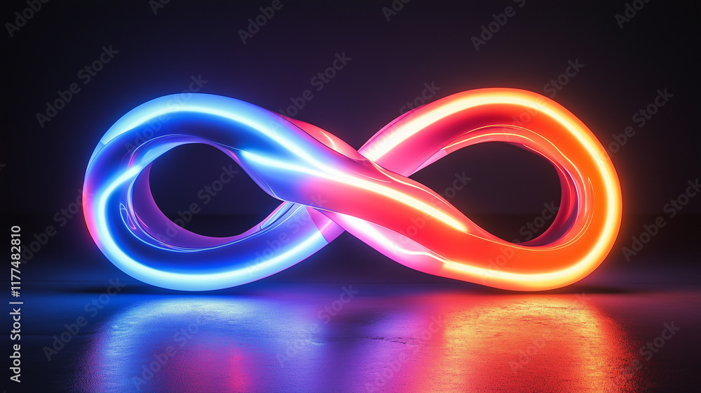 Geometric shapes in an endless loop, illuminated by neon lights, representing infinite creativity and innovation Geometric shapes in an endless loop, illuminated by neon lights, representing infinite creativity and innovation