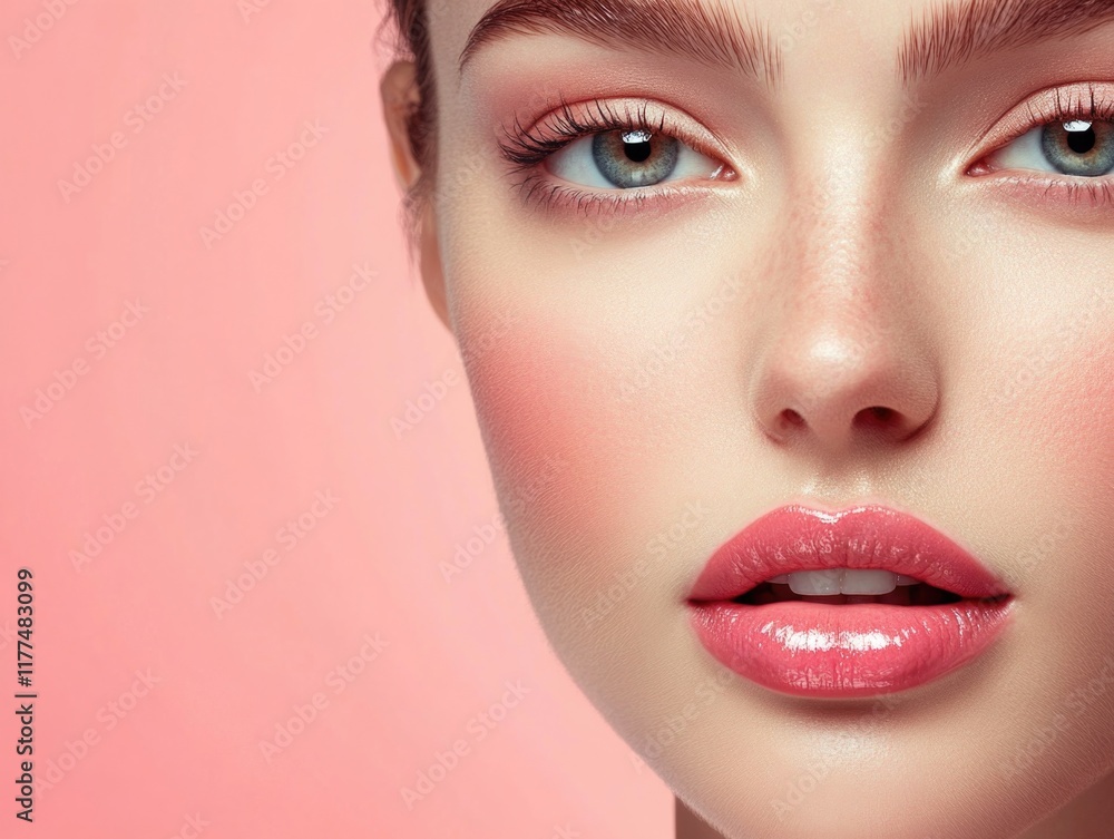 Facial rejuvenation beauty treatment showcasing perfectly shaped eyebrows and plump lips against a soft pink background with ample copyspace for text. Facial rejuvenation beauty treatment showcasing perfectly shaped eyebrows and plump lips against a soft pink background with ample copyspace for text.