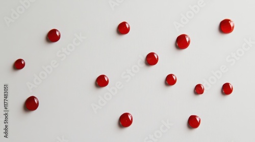 Red droplets artistically placed on a white backdrop, balancing stark contrast and expressive storytelling.
