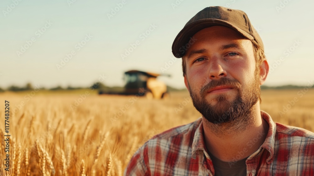 Farmer in plaid shirt smiling in golden wheat field during sunset with combine harvester in blurred background and large empty space for text Farmer in plaid shirt smiling in golden wheat field during sunset with combine harvester in blurred background and large empty space for text
