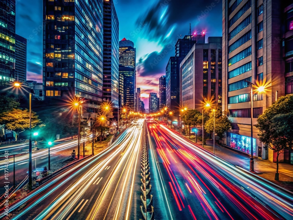 Fototapeta premium Long Exposure Light Trails Cityscape at Night - Abstract Urban Photography