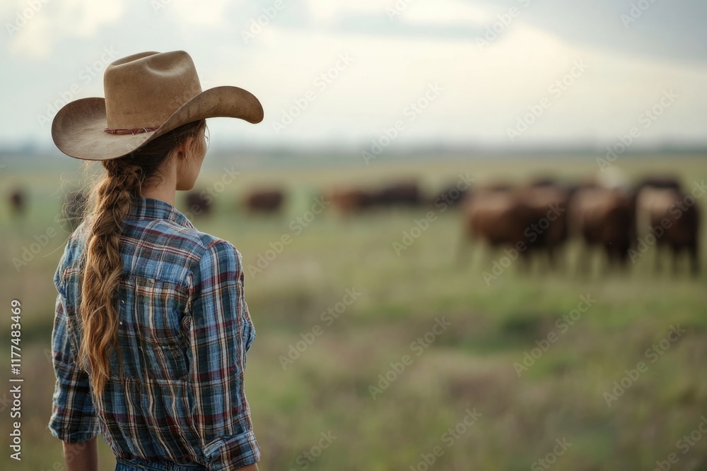 Obraz premium Female farmer in plaid shirt and cowboy hat gazing at cattle on a green ranch under a cloudy sky with ample empty space for text.