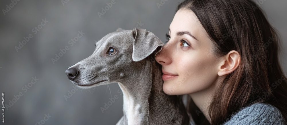 Candid profile portrait of a young woman and her adorable greyhound against a soft grey background showcasing the bond of companionship with ample space for text. Candid profile portrait of a young woman and her adorable greyhound against a soft grey background showcasing the bond of companionship with ample space for text.
