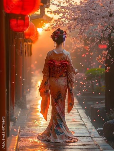 Elegant Geisha Glides Through Cherry Blossom Laden Garden at Sunset