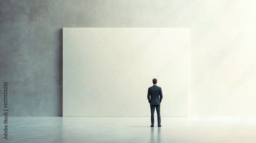 Businessman in formal suit standing in minimalistic gray interior with large empty white wall for displaying management strategy or communication concepts Businessman in formal suit standing in minimalistic gray interior with large empty white wall for displaying management strategy or communication concepts