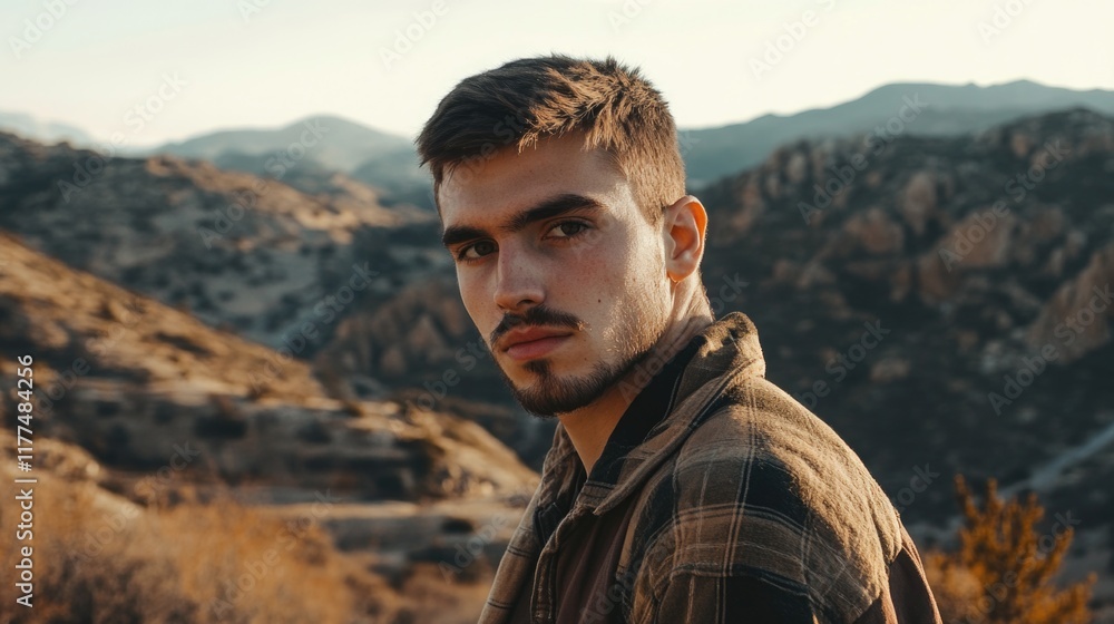 Young man with athletic build hiking through golden mountainous landscape capturing the spirit of adventure and exploration during sunset with empty space for text Young man with athletic build hiking through golden mountainous landscape capturing the spirit of adventure and exploration during sunset with empty space for text