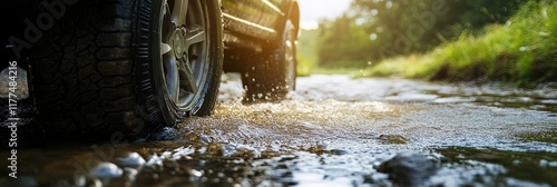 A close-up view of a vehicle tire splashing through water on a muddy path during a sunny day, showcasing off-road adventure. photo