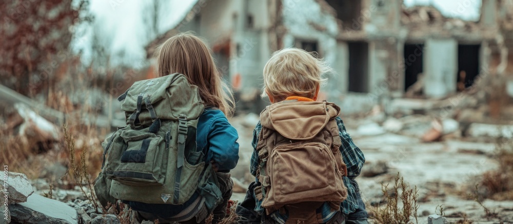 Vulnerable children with backpacks sitting on the ground amidst desolate ruins in a muted color palette, depicting hardship and resilience. Vulnerable children with backpacks sitting on the ground amidst desolate ruins in a muted color palette, depicting hardship and resilience.