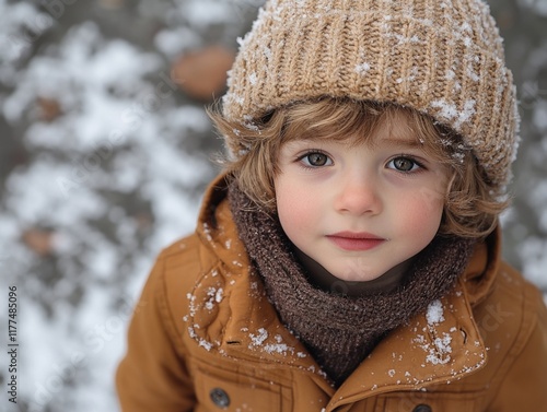 Little boy in warm winter clothing with a knitted hat standing on a snowy landscape featuring soft white snow and ample copyspace for text photo