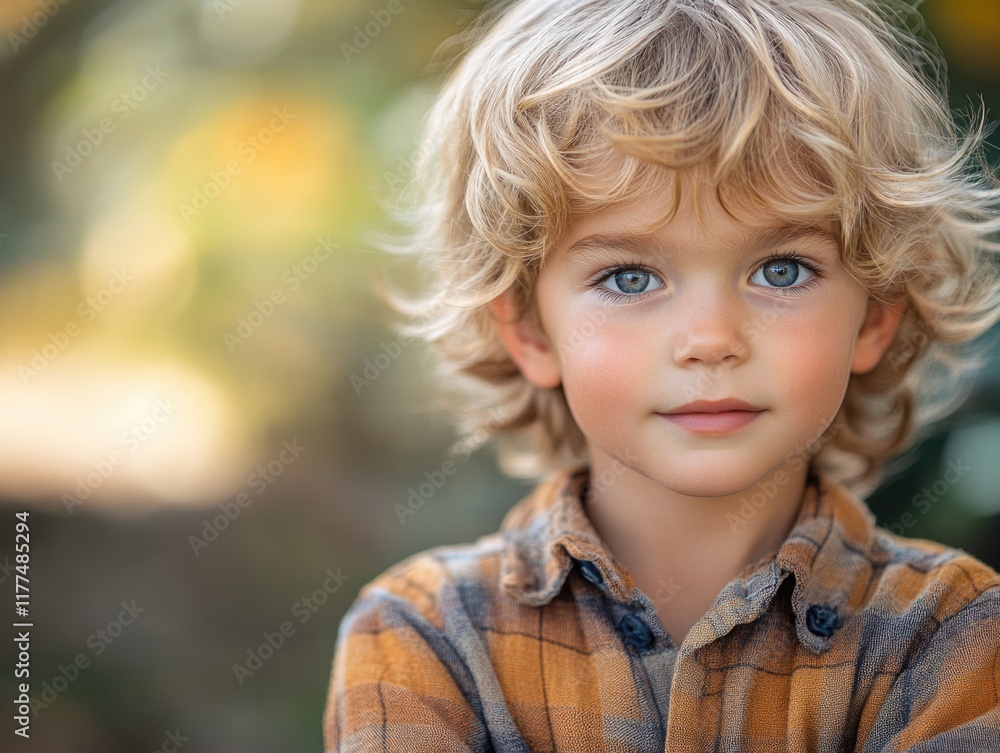 Charming young Caucasian boy with curly blonde hair dressed in a plaid shirt, posing outdoors among blurred green foliage, soft natural lighting. Charming young Caucasian boy with curly blonde hair dressed in a plaid shirt, posing outdoors among blurred green foliage, soft natural lighting.