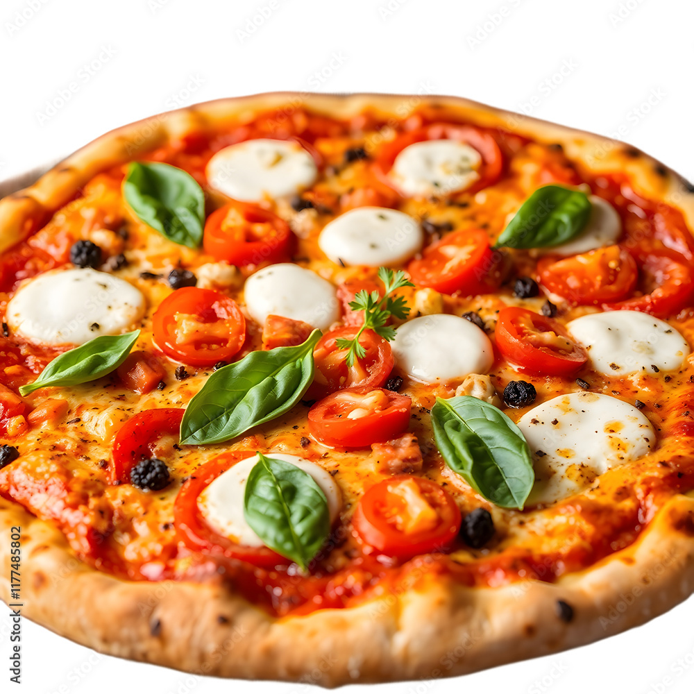 A vibrant and appetizing image of a freshly baked pizza, with a crispy golden crust, loaded with an assortment of colorful toppings such as juicy red tomatoes, creamy mozzarella chee A vibrant and appetizing image of a freshly baked pizza, with a crispy golden crust, loaded with an assortment of colorful toppings such as juicy red tomatoes, creamy mozzarella chee