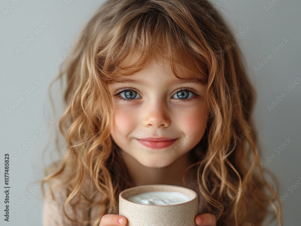 Smiling little girl with curly hair holding a cup of yogurt against a soft gray background, featuring natural light and ample copyspace for text.
