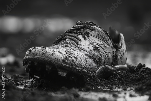 Muddy soccer shoe abandoned on playing field after the match photo