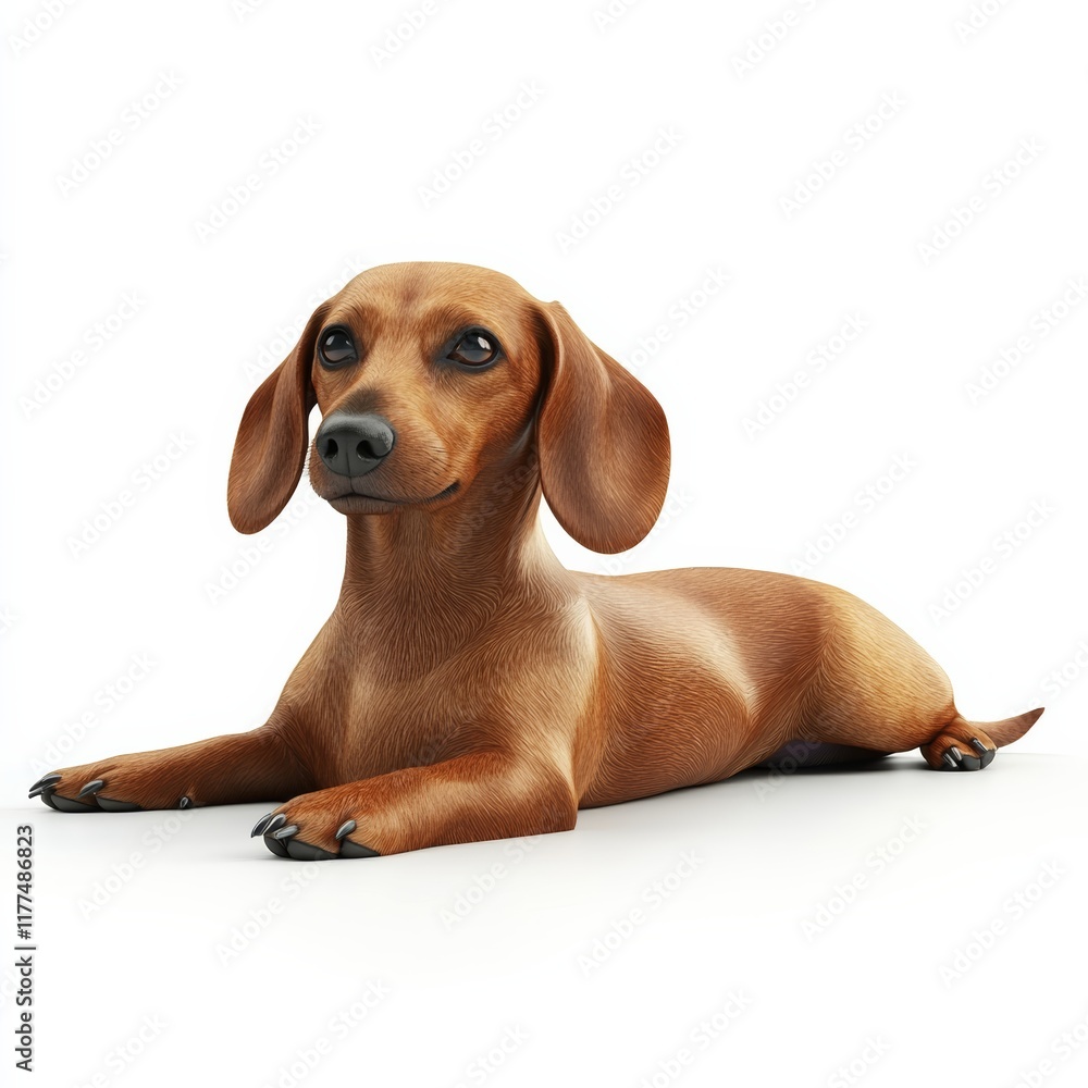 A 3D dachshund in a lying-down pose with its long body stretched, isolated on white A 3D dachshund in a lying-down pose with its long body stretched, isolated on white