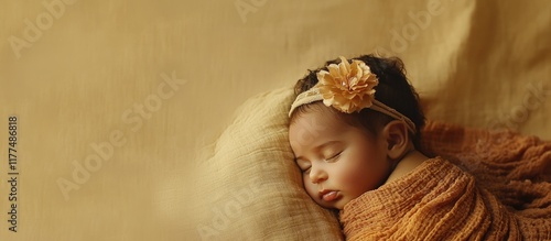 Newborn baby girl peacefully asleep on a light brown background, resting her head on a small pillow, wrapped in a soft blanket, adorned with a floral headband. photo