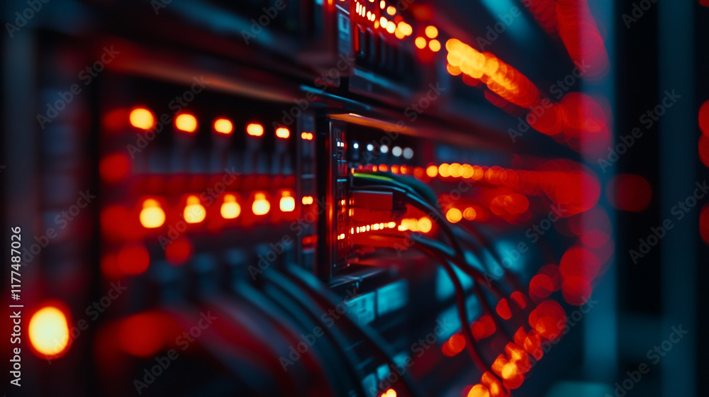 Obraz premium Networking equipment illuminated in vibrant red lights at a data center during nighttime