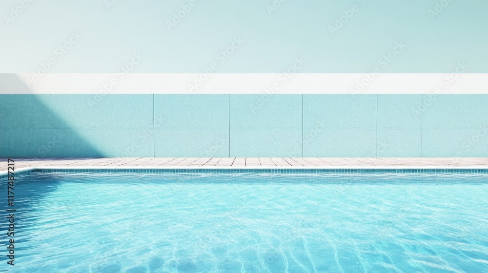 Fototapeta premium Serene Swimming Pool with Crystal Clear Water and Large Aqua Blue Empty Wall Space for Text in a Bright Modern Setting
