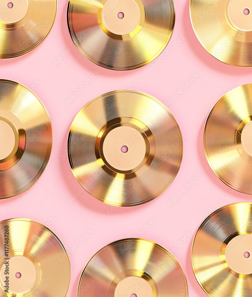 Golden vinyl records on pink background Golden vinyl records on pink background