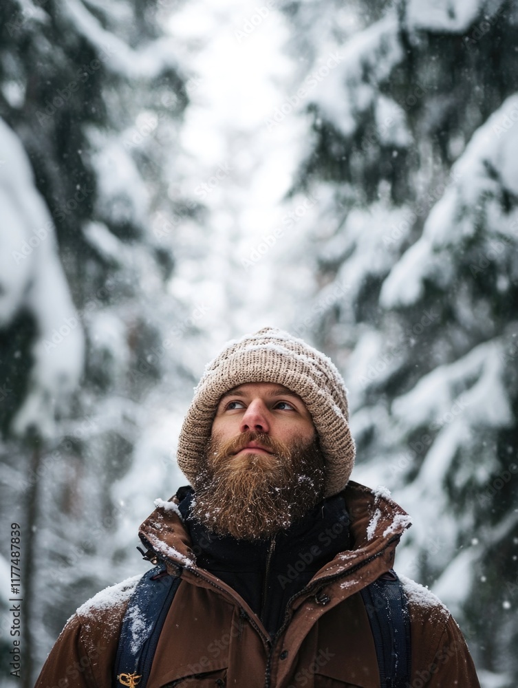 Fototapeta premium Bearded man in warm winter hat gazes upward amidst serene snow-covered forest, tall trees creating a tranquil winter scene with ample blank space for text.