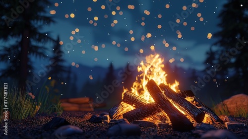 Campfire burning brightly at night in a forest with bokeh lights.