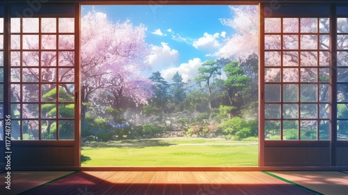 Japanese style room with view of cherry blossoms. anime style illustration