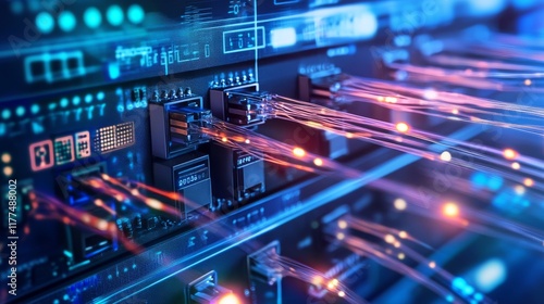 A close-up of fiber optic cables with pulses of multicolored lights traveling through, representing fast data transfer in a high-tech network.