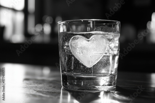 Heart shaped ice melting in a glass of water on a table in a bar photo