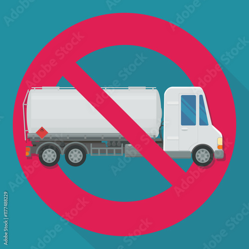 Tanker truck at the back with a circular red strikethrough prohibition symbol on a blue background in flat design style